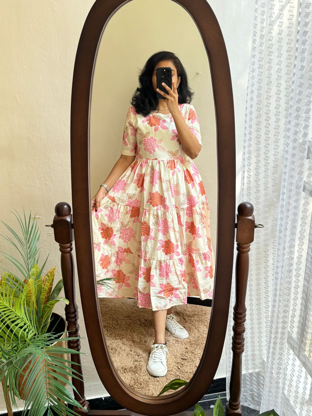 Ivory Floral Print Fit & Flare Midi Dress