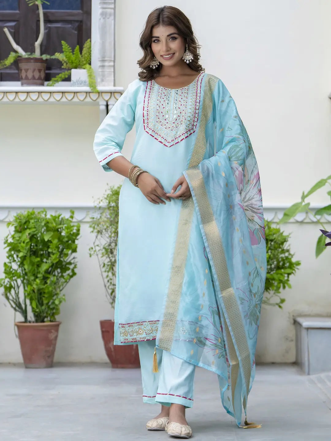Sky Blue Embroidered Straight Kurta Set with Floral Dupatta