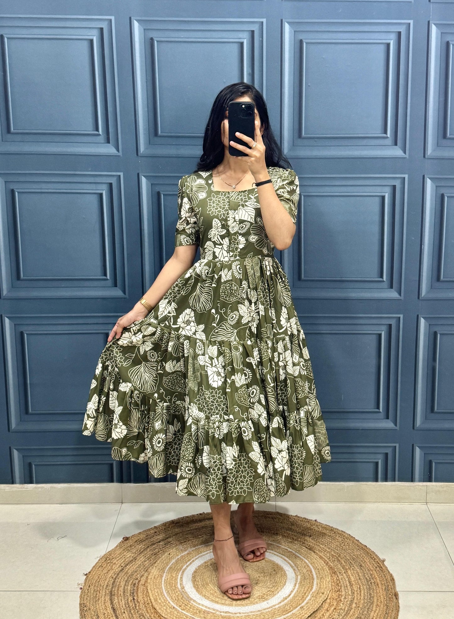 Olive Green Floral Print Tiered Maxi Dress