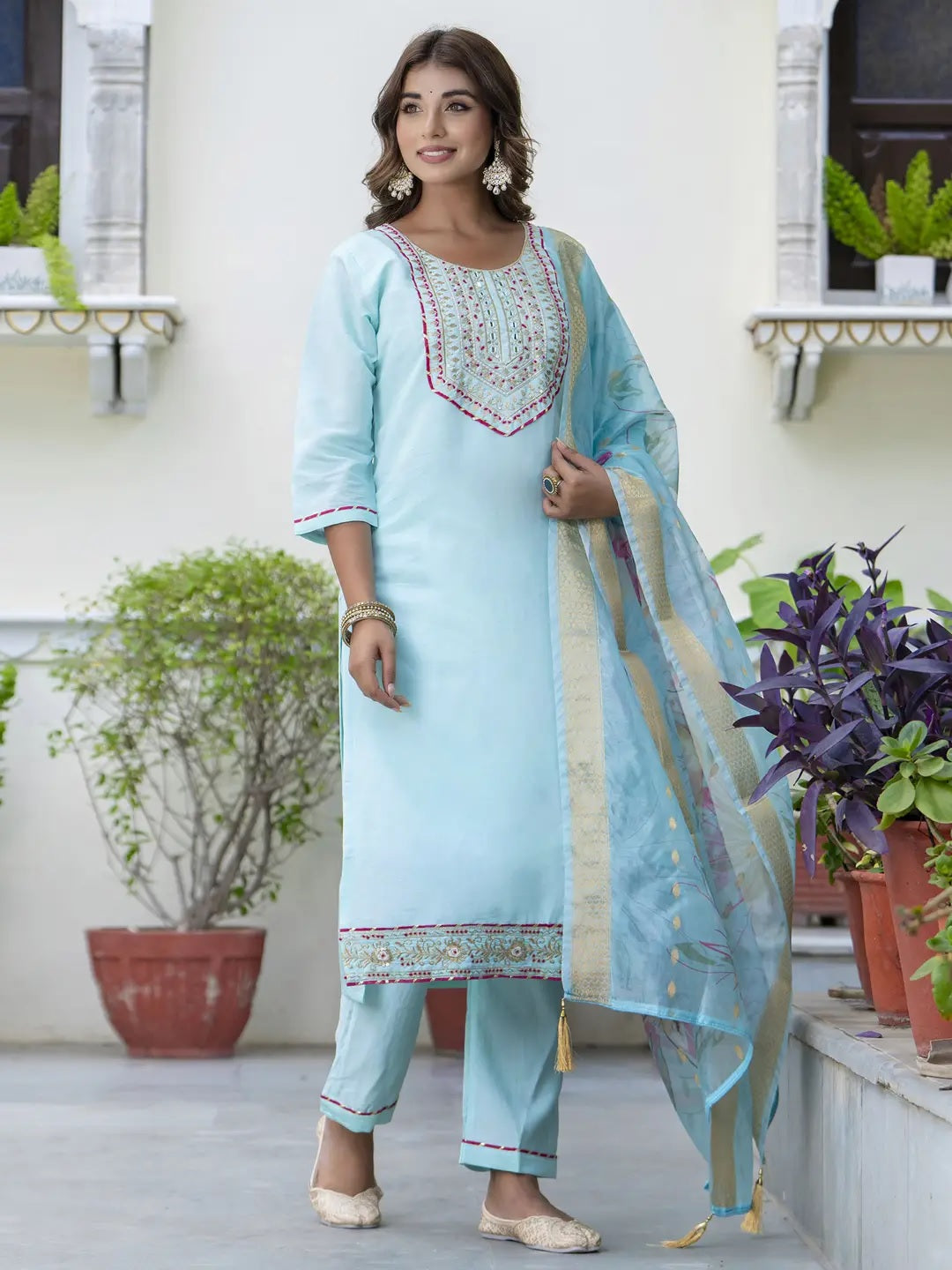 Sky Blue Embroidered Straight Kurta Set with Floral Dupatta