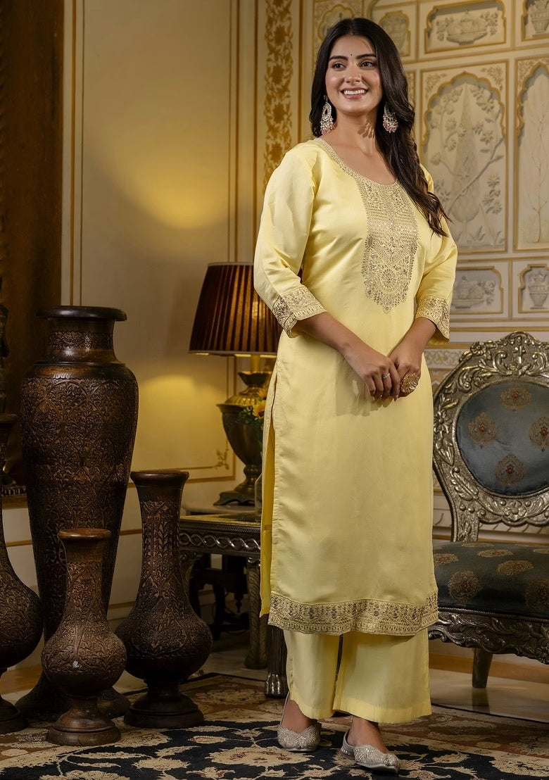 Pastel Yellow Embroidered Straight Kurta Set with Dupatta