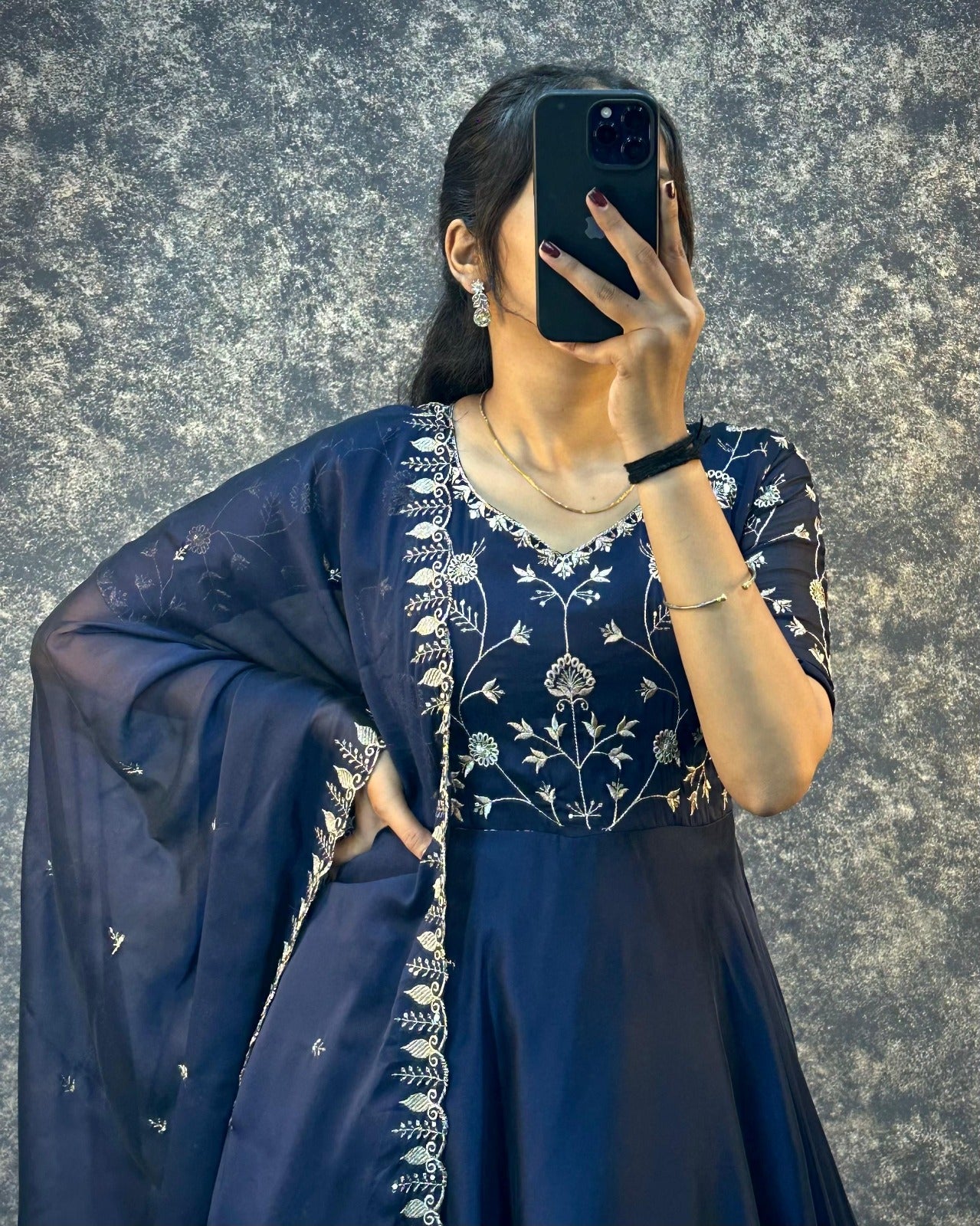 Midnight Blue Embroidered Anarkali with Dupatta