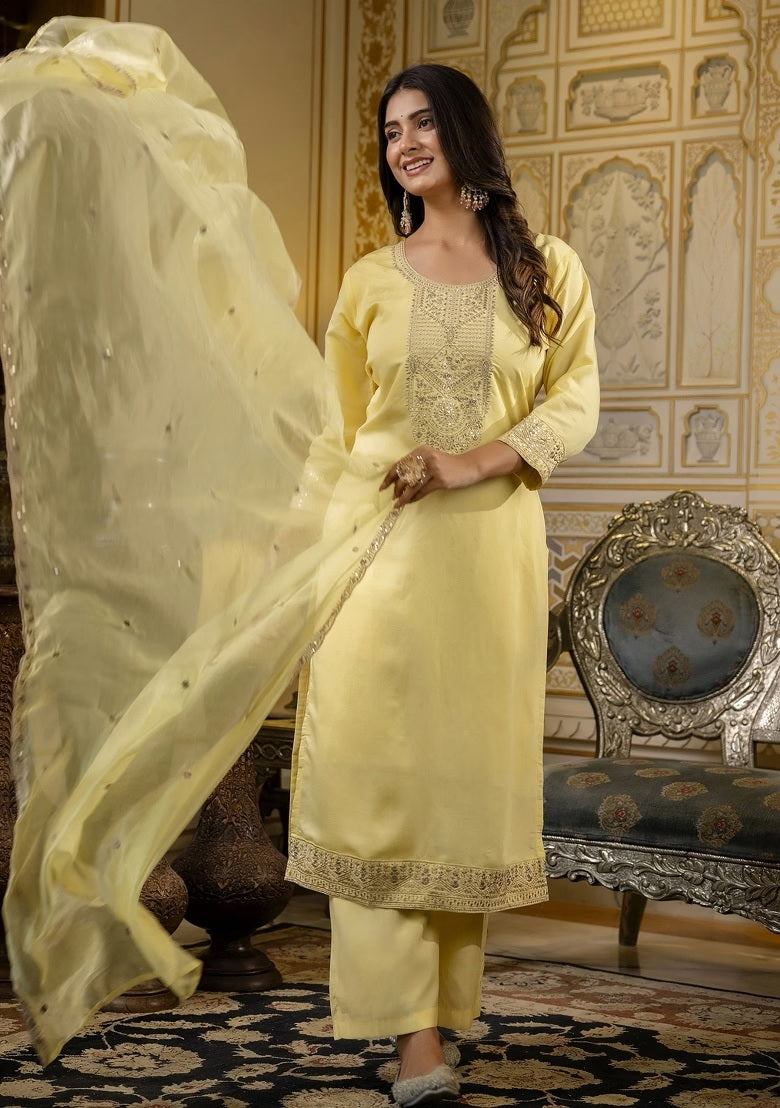 Pastel Yellow Embroidered Straight Kurta Set with Dupatta