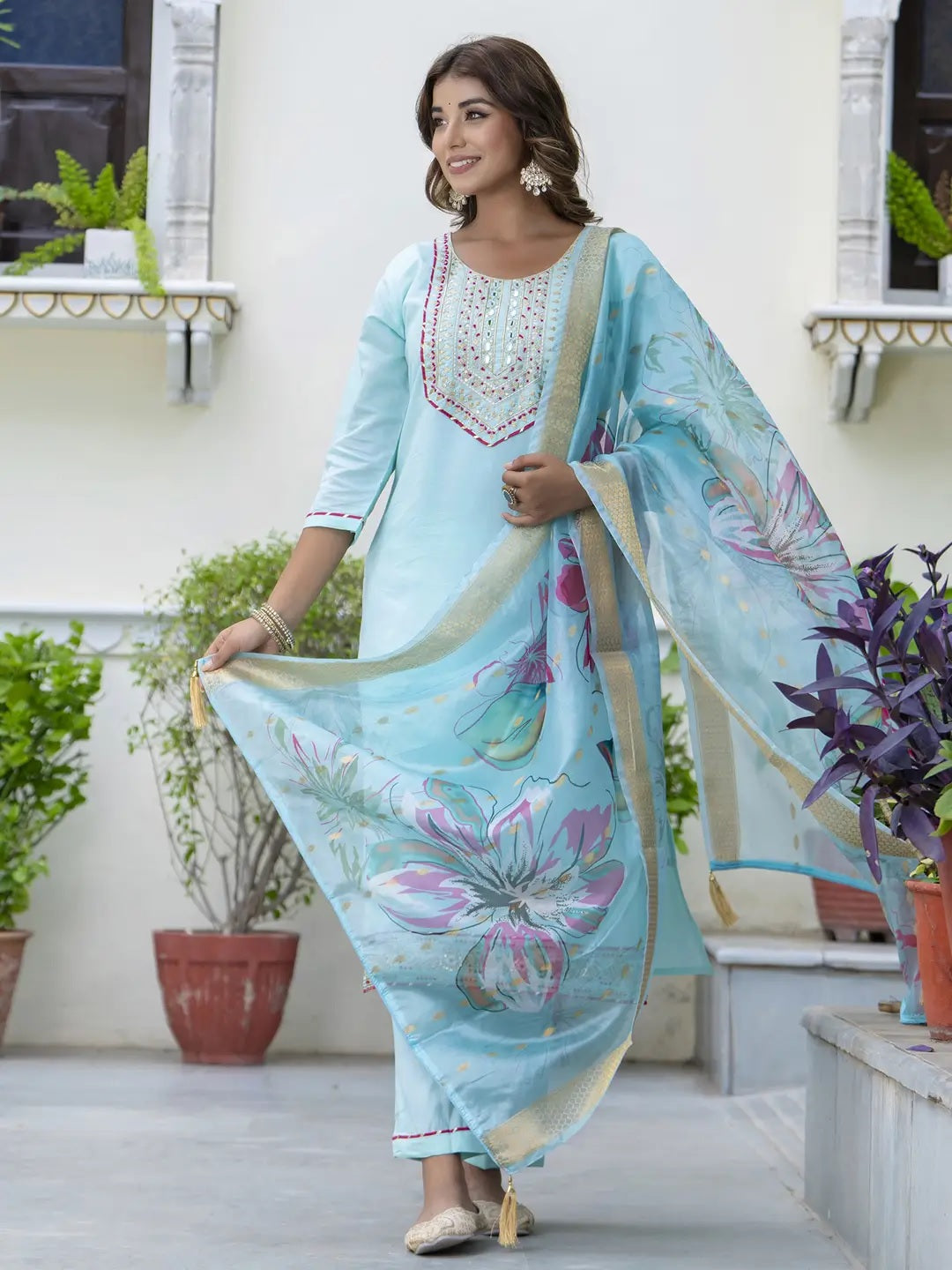 Sky Blue Embroidered Straight Kurta Set with Floral Dupatta