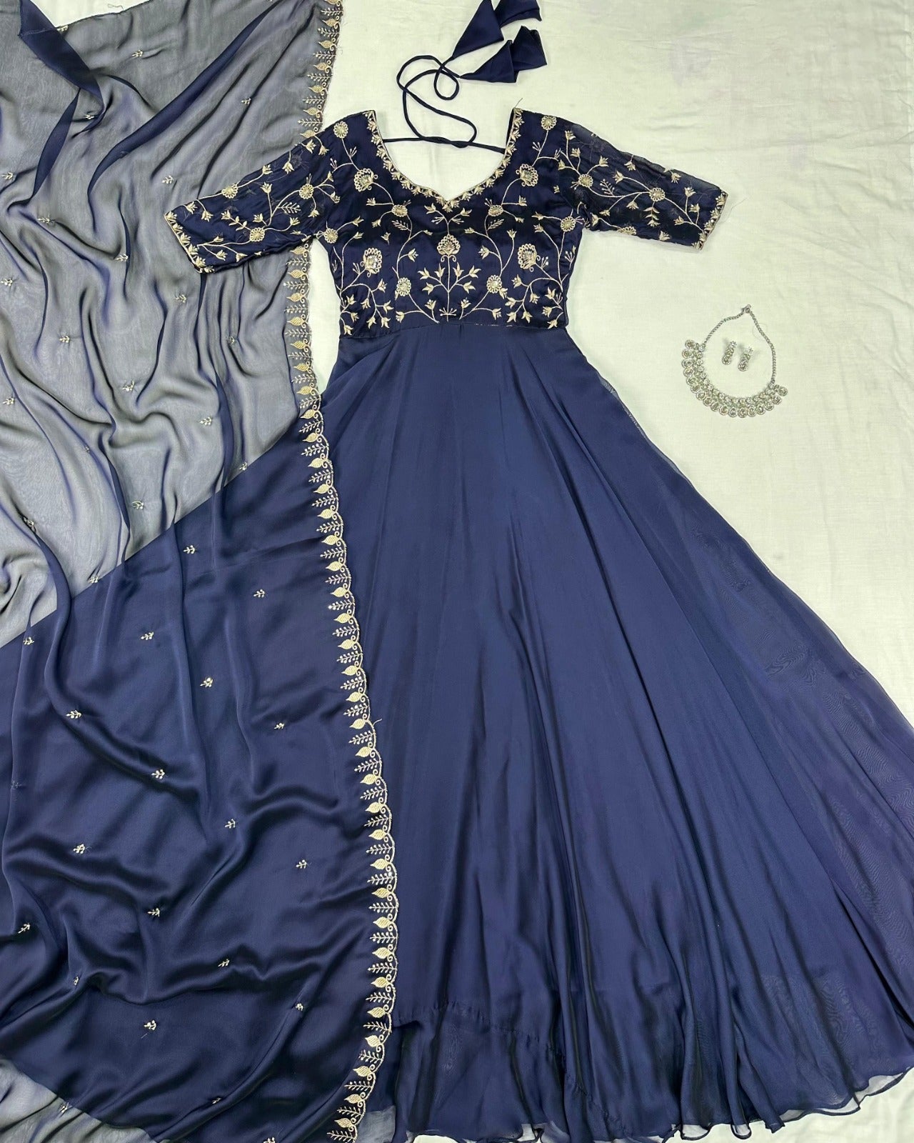 Midnight Blue Embroidered Anarkali with Dupatta