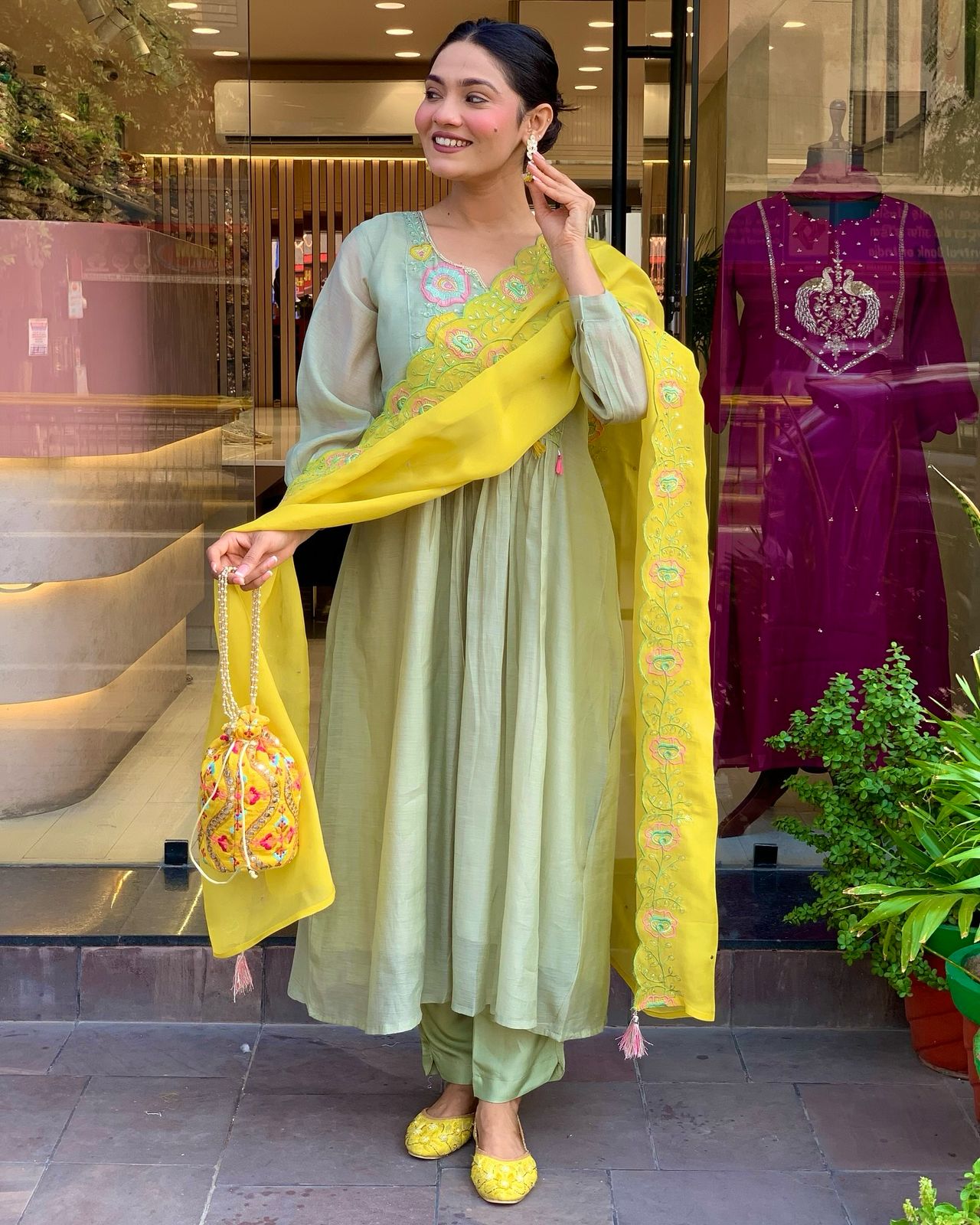 Pastel Green Embroidered Kurta Set with Yellow Dupatta