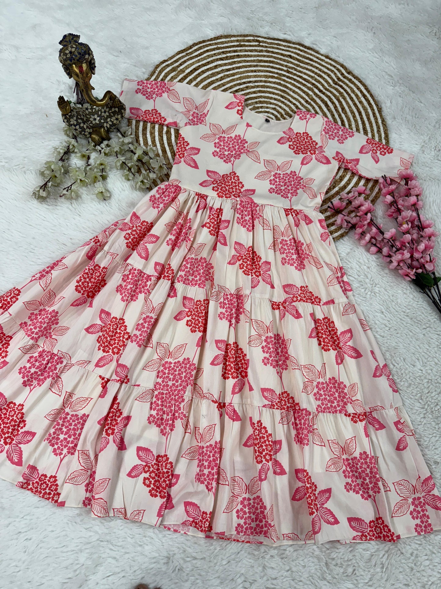 Pink Floral Printed Tiered Midi Dress
