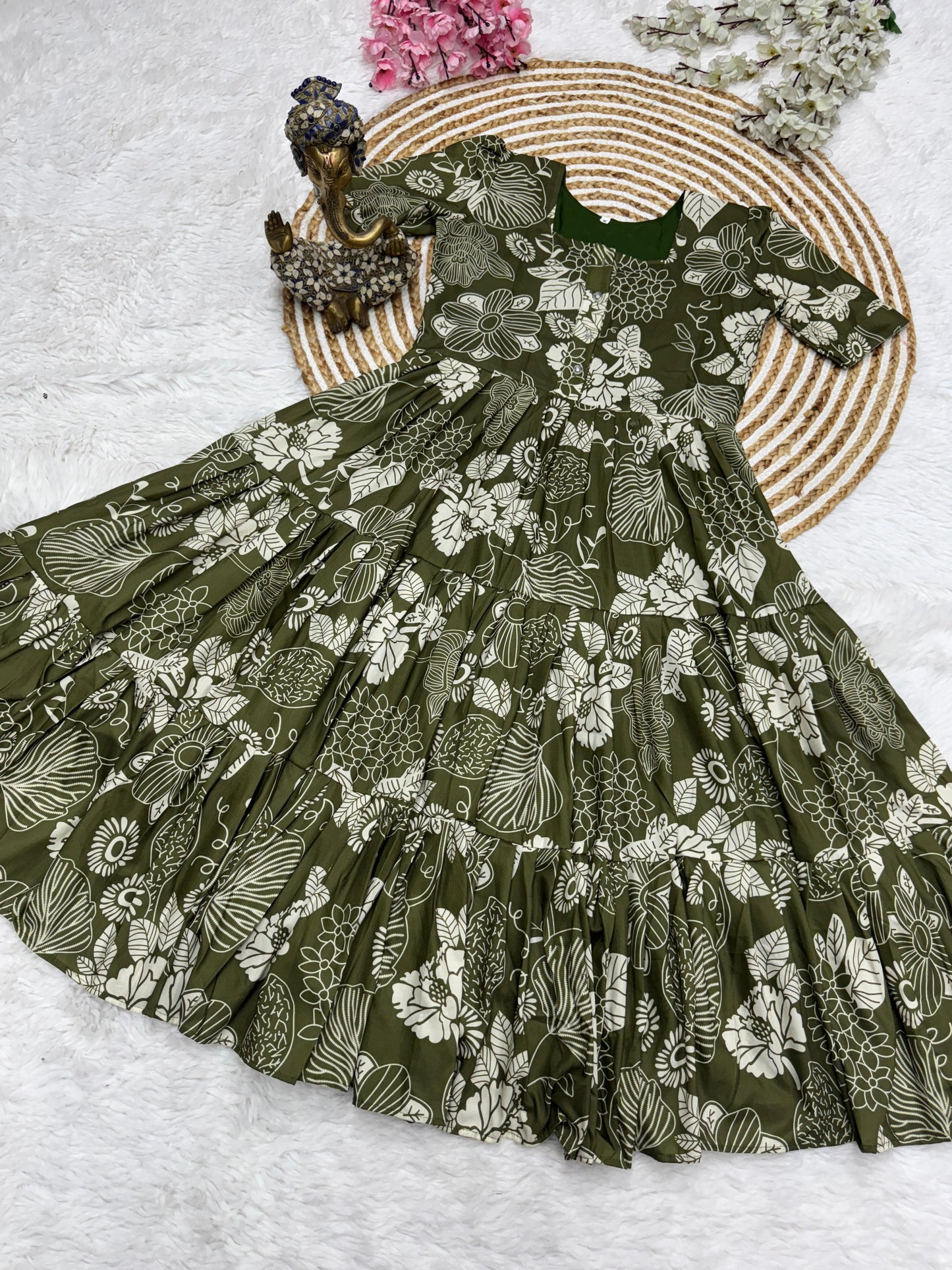 Olive Green Floral Print Tiered Maxi Dress