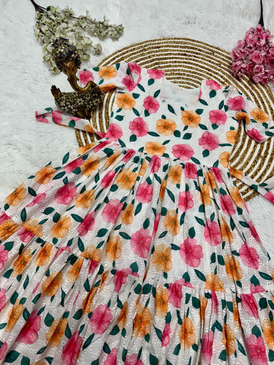 White Floral Printed Eyelet Cotton Tiered Midi Dress