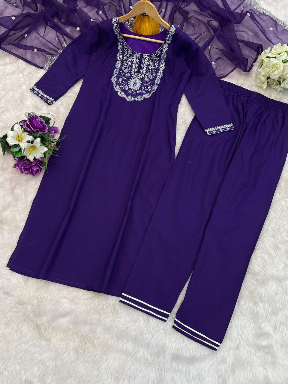 Purple Embroidered Kurta Set with Pants and Dupatta