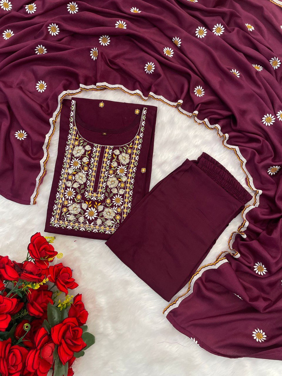 Plum Purple Embroidered Straight Kurta Set with Dupatta