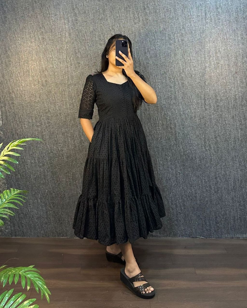 Black Eyelet Cotton Midi Dress