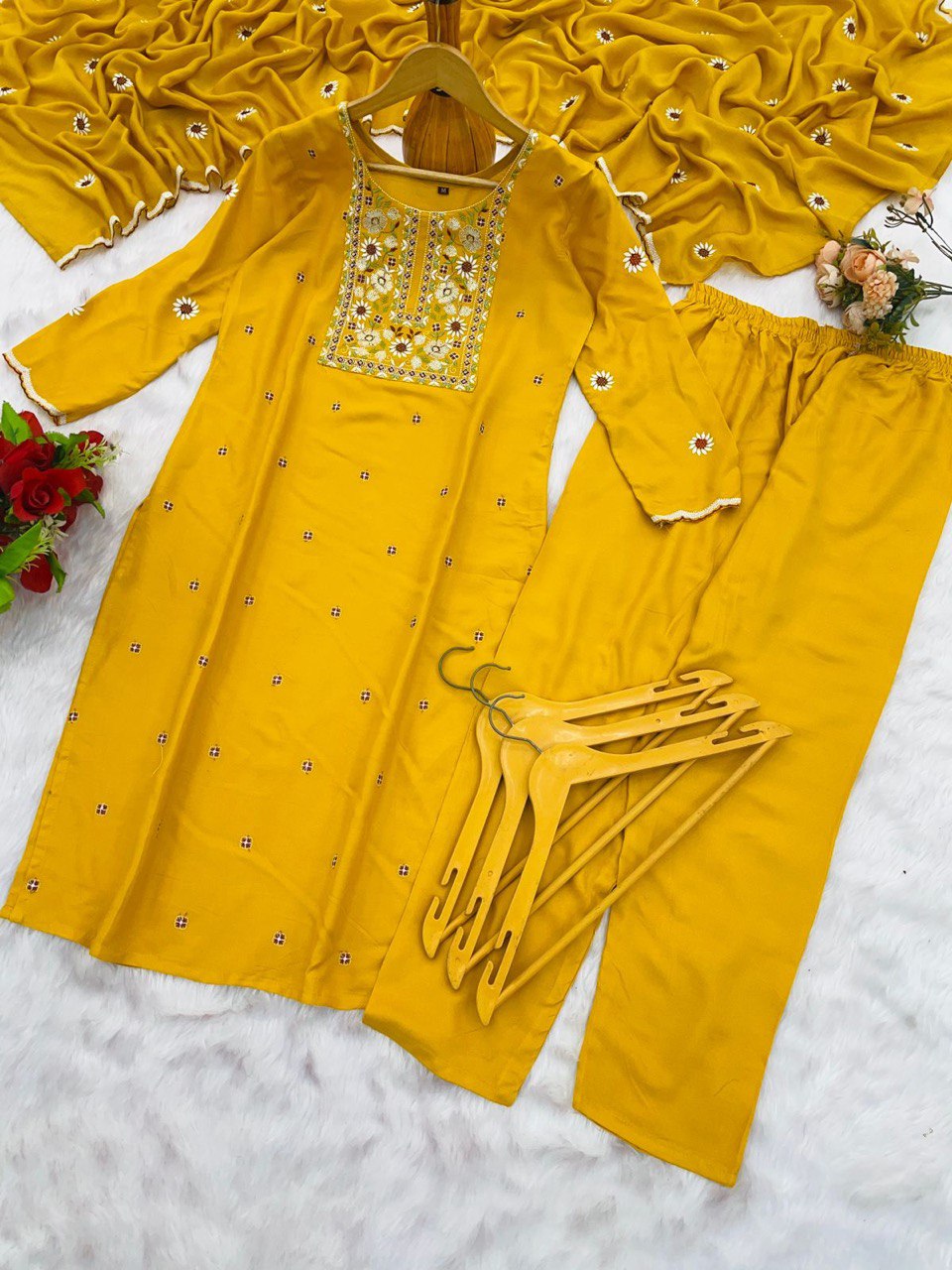 Mustard Yellow Embroidered Straight Kurta Set with Dupatta
