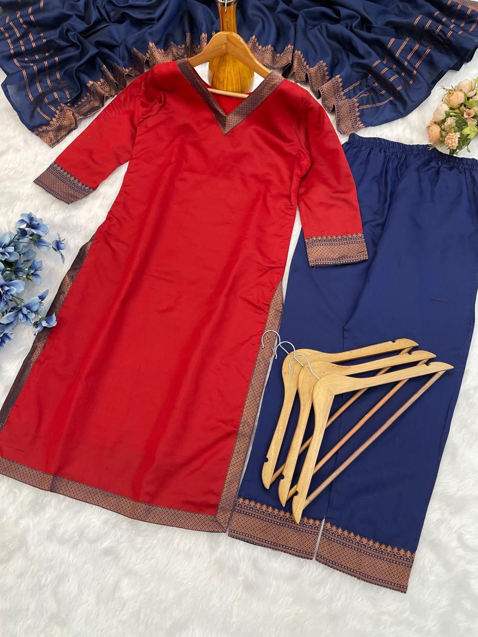 Maroon Straight Kurta Set with Blue Dupatta