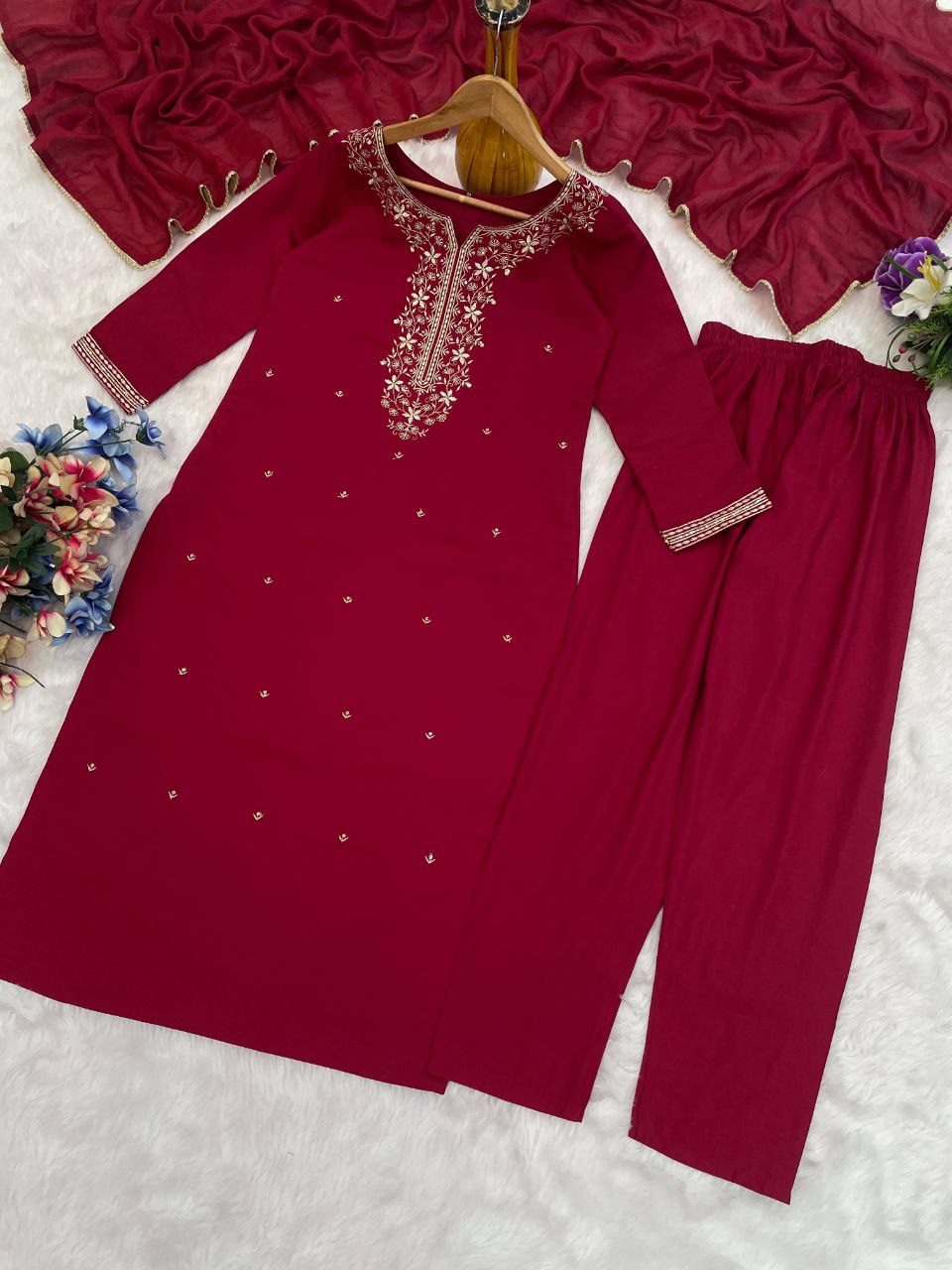 wine pink embroidered salwar suit set (3-piece set)