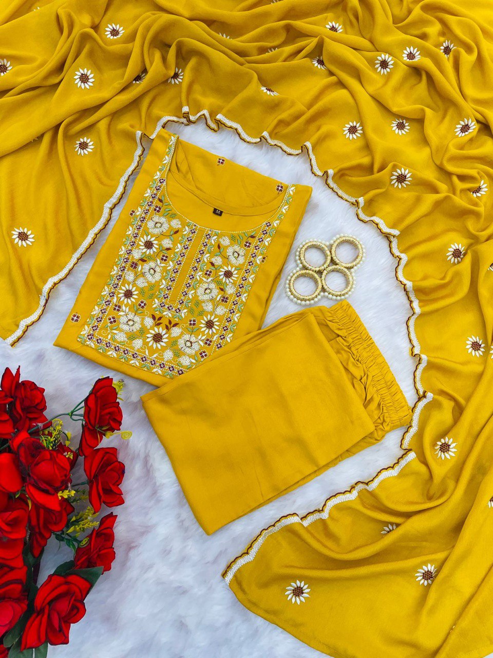 Mustard Yellow Embroidered Straight Kurta Set with Dupatta