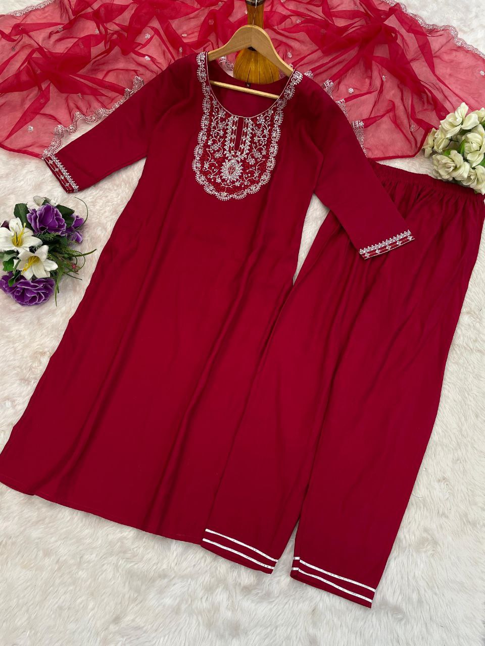 Maroon Embroidered Kurta Set with Pants and Dupatta