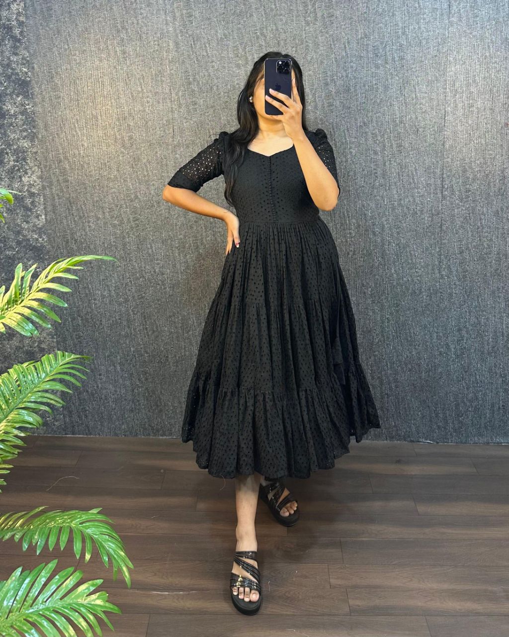 Black Eyelet Cotton Midi Dress