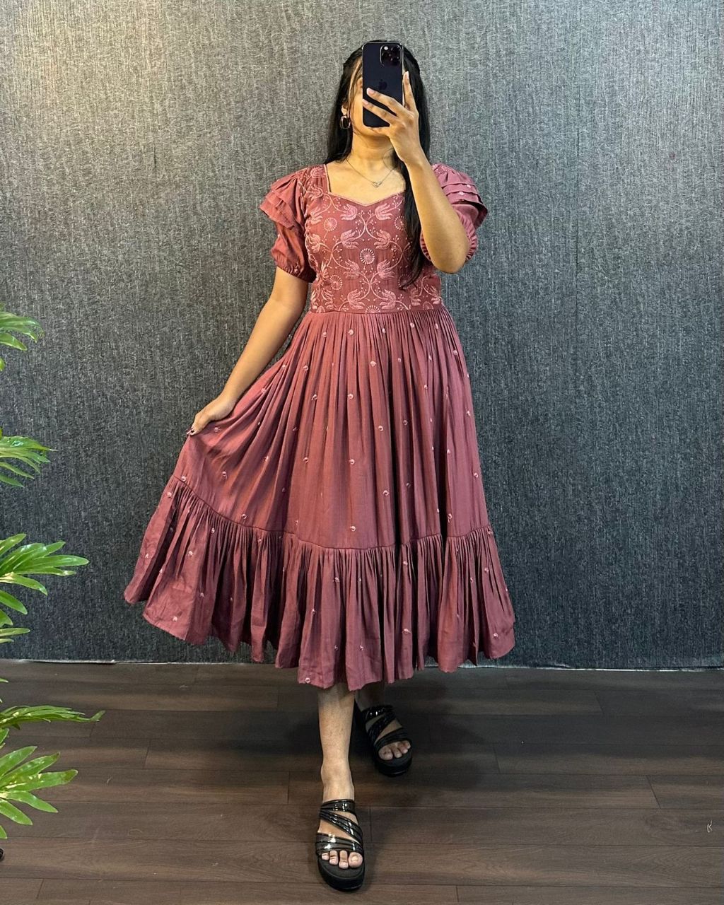Rose Pink Embroidered Pleated Sleeve Flared Midi Dress