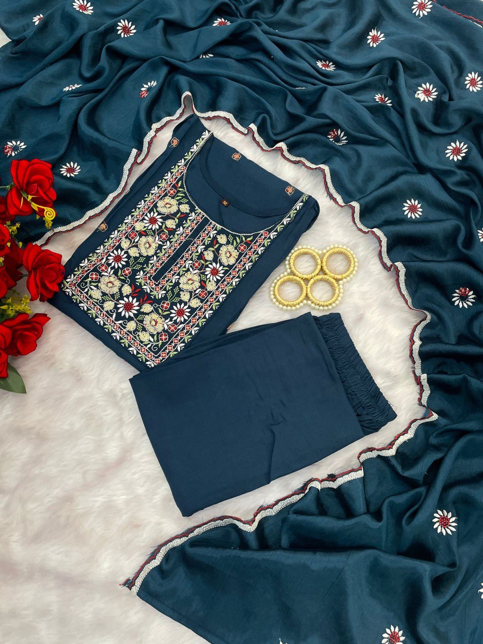 Teal Blue Embroidered Straight Kurta Set with Dupatta