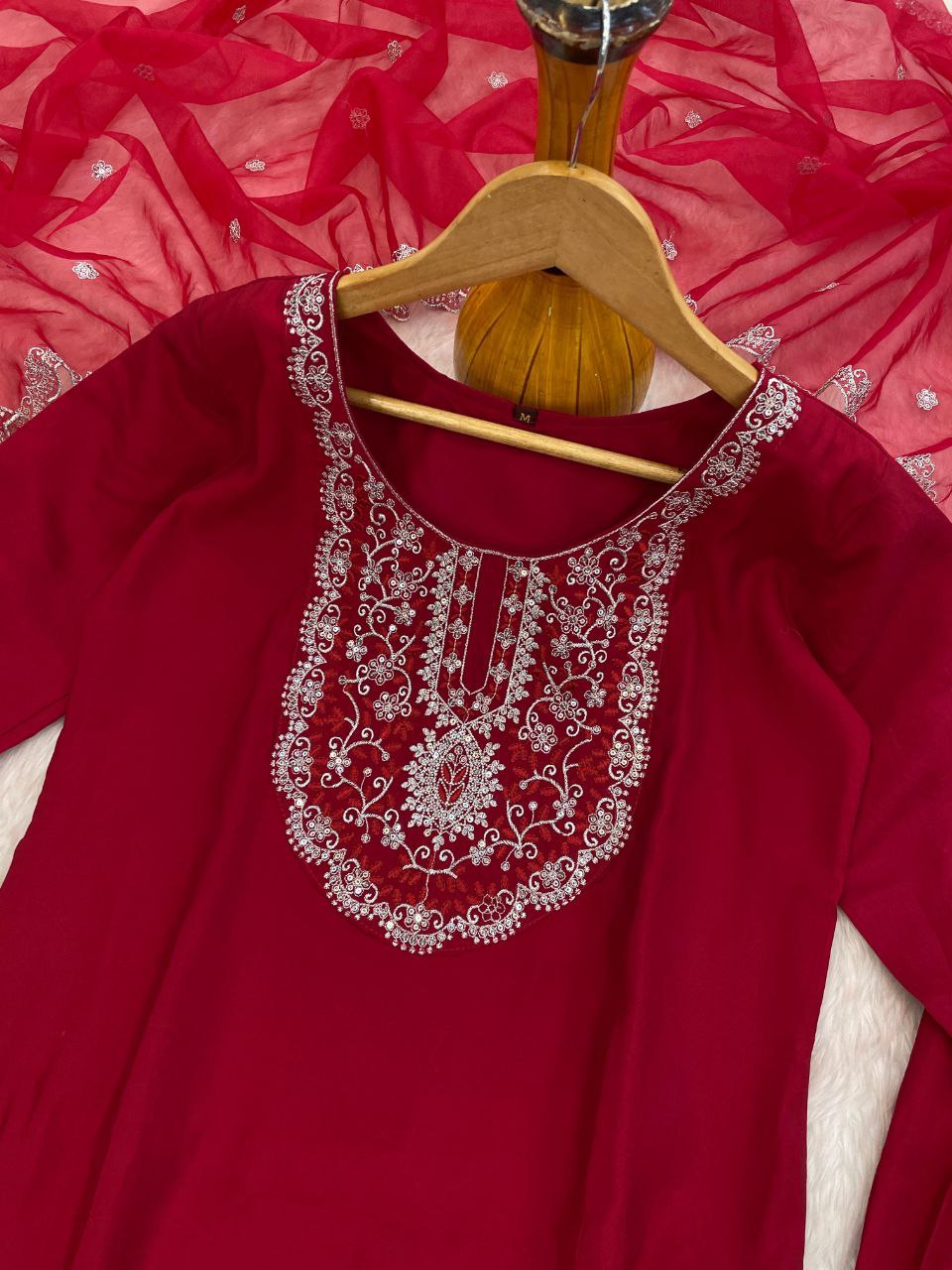 Maroon Embroidered Kurta Set with Pants and Dupatta