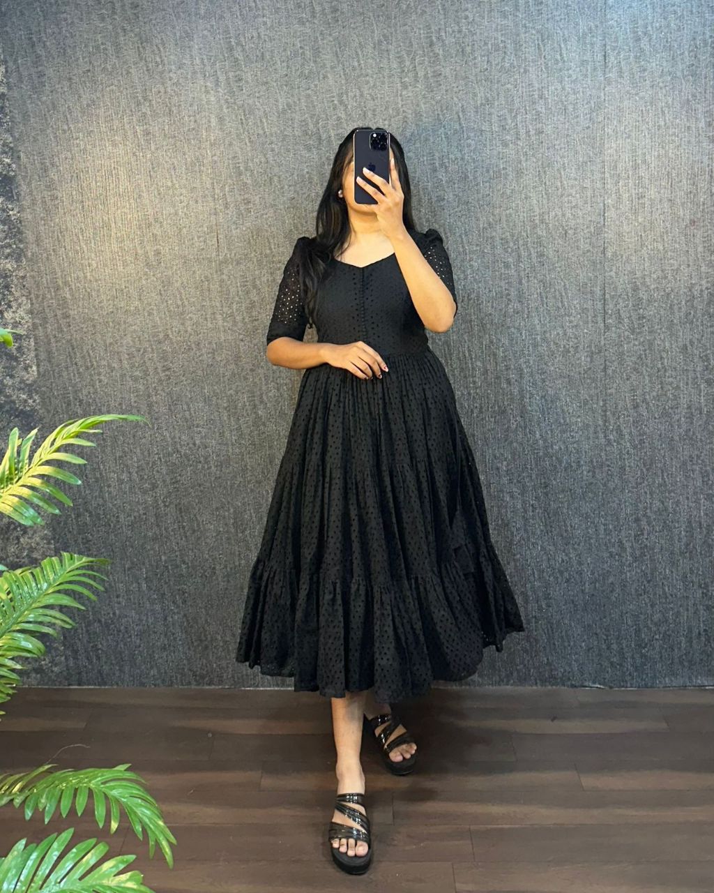 Black Eyelet Cotton Midi Dress