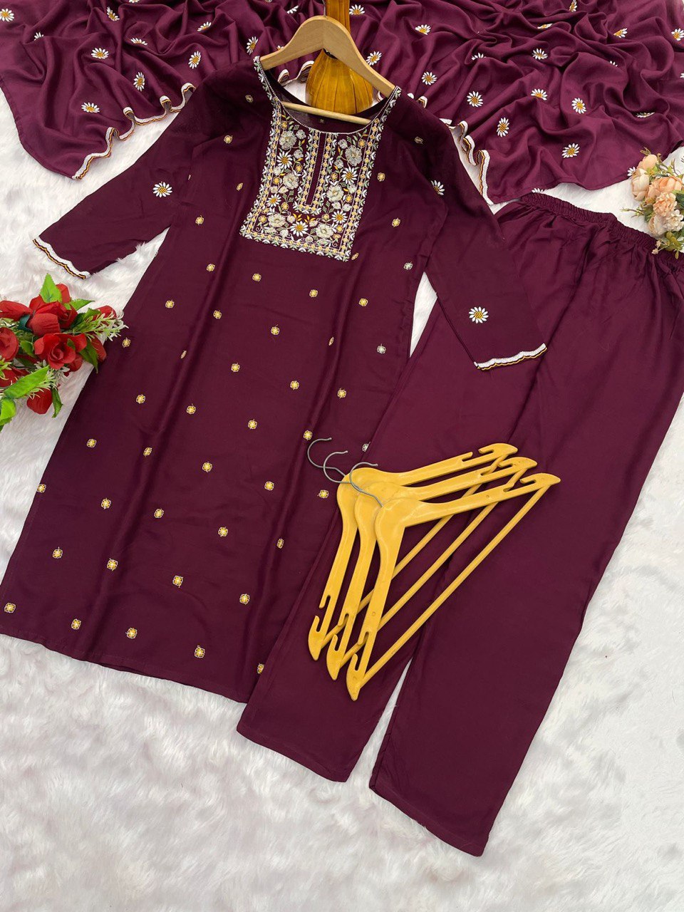 Plum Purple Embroidered Straight Kurta Set with Dupatta