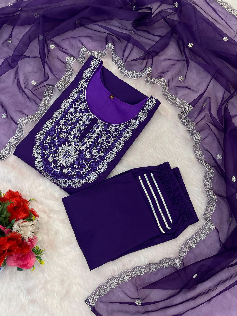 Purple Embroidered Kurta Set with Pants and Dupatta
