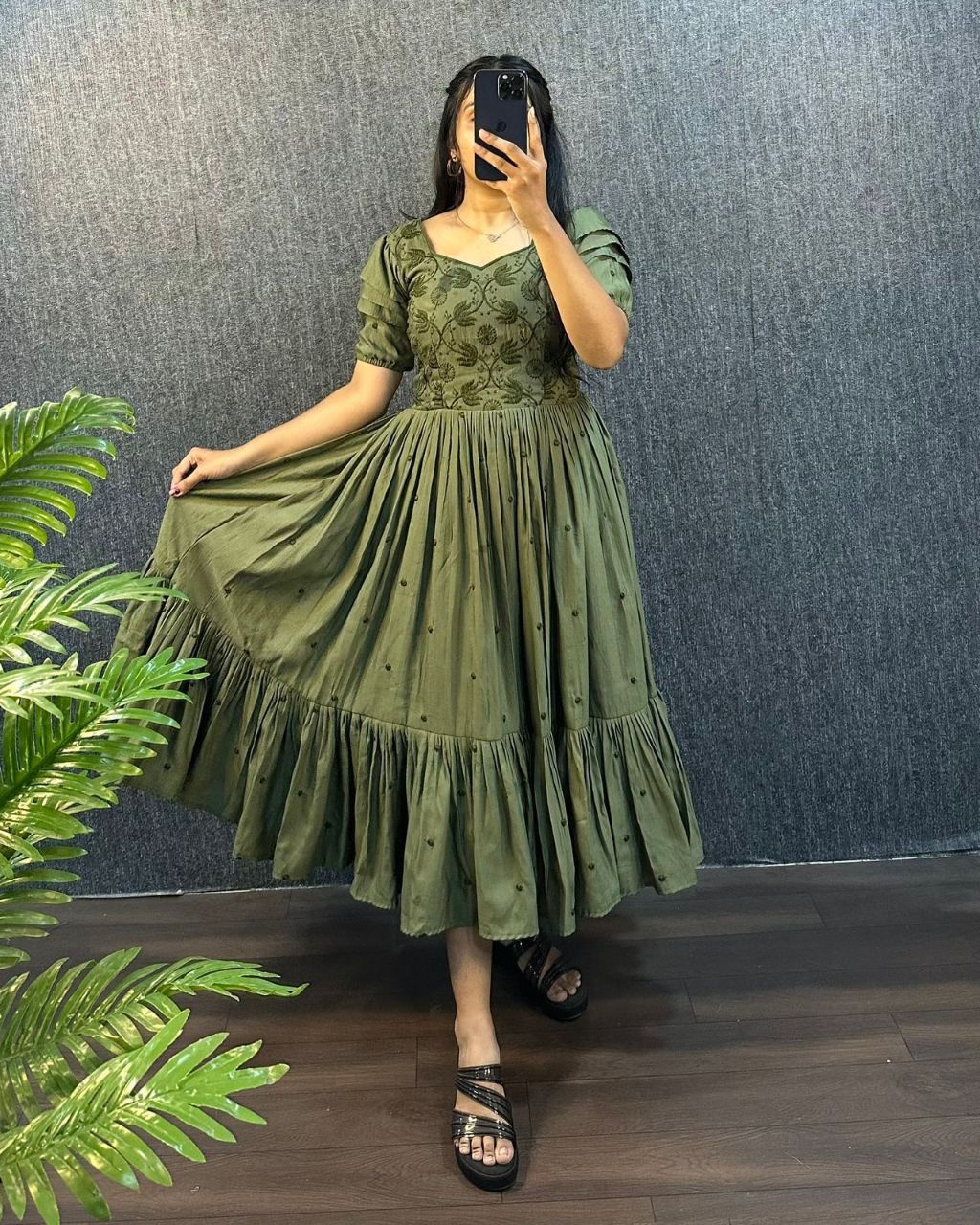 Olive Green Embroidered Flared Midi Dress