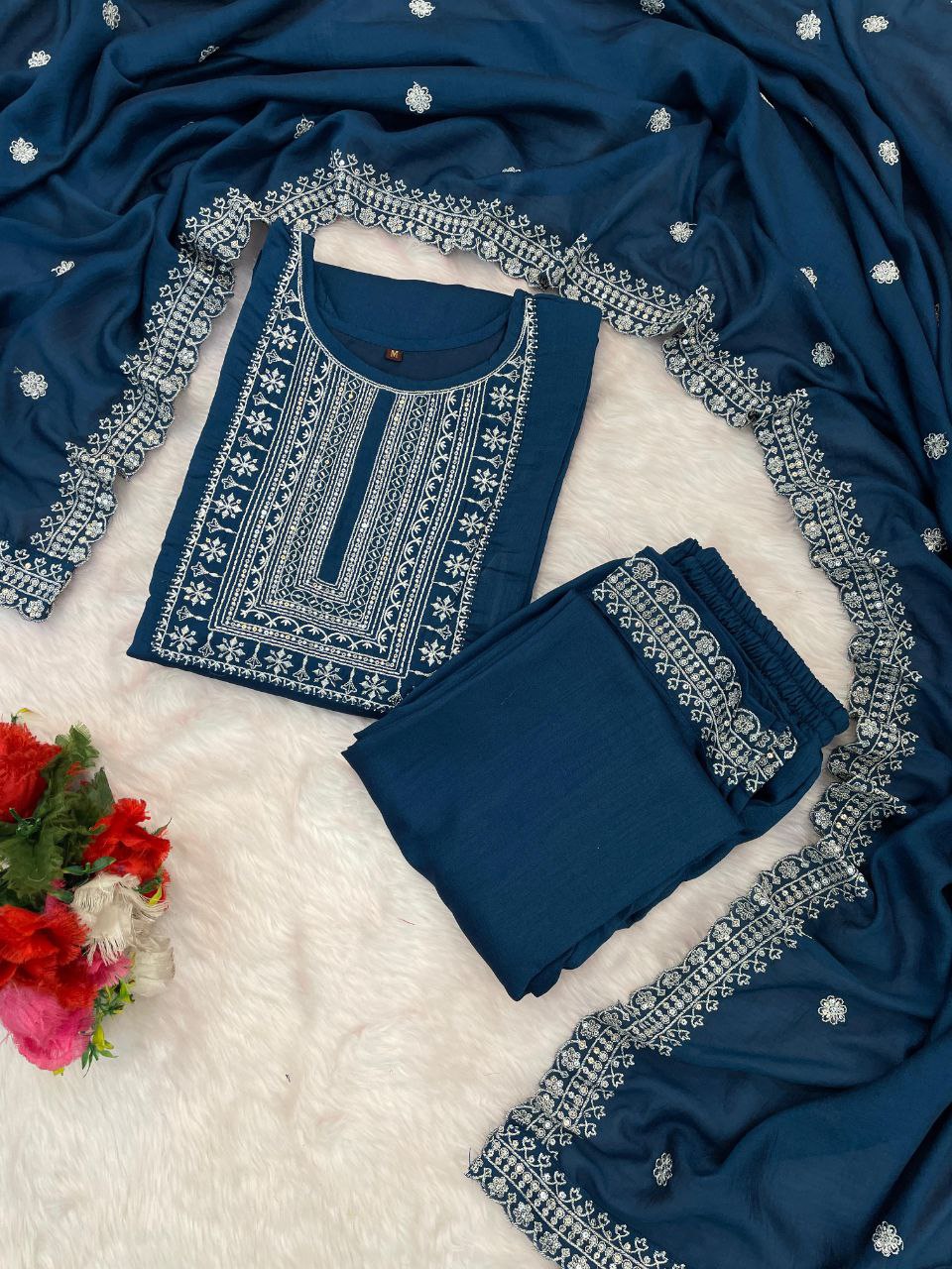 teal blue embroidered salwar suit set