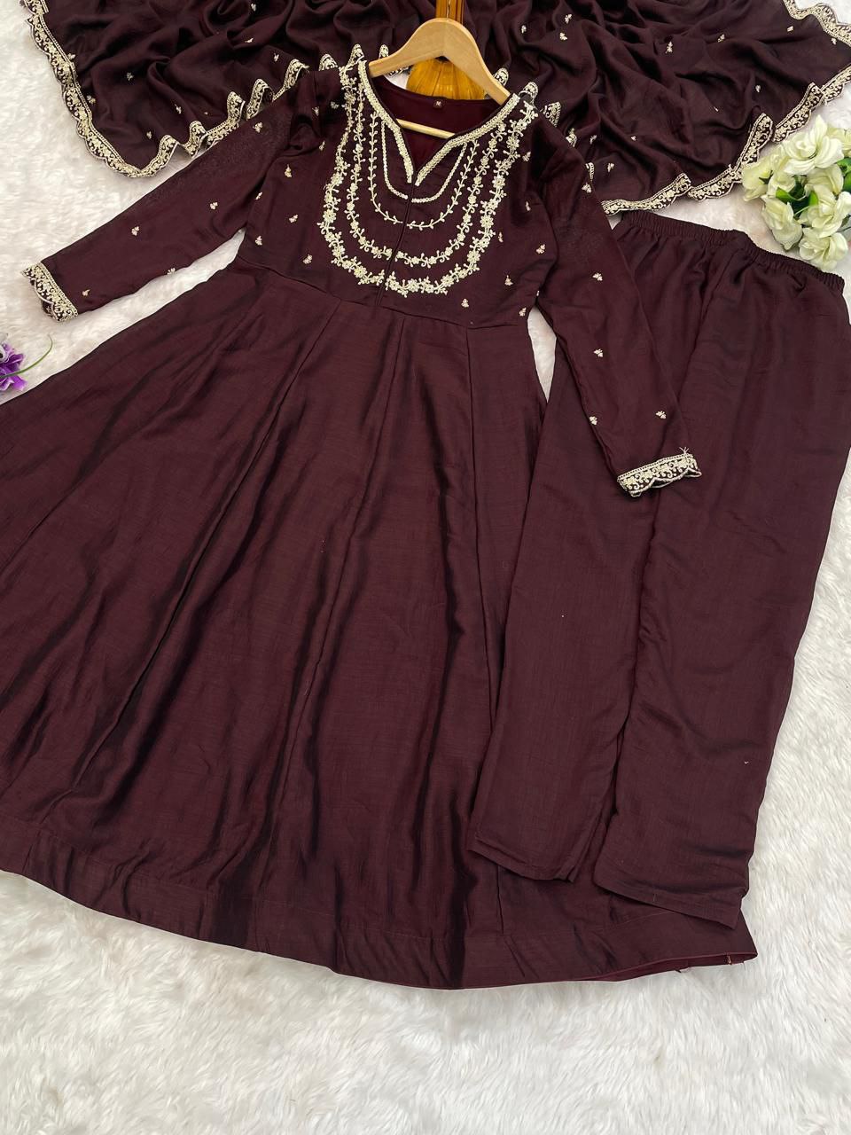 Maroon Embroidered Anarkali Kurta Set with Dupatta