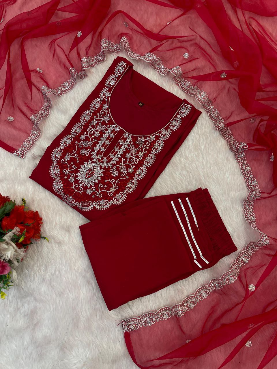 Maroon Embroidered Kurta Set with Pants and Dupatta