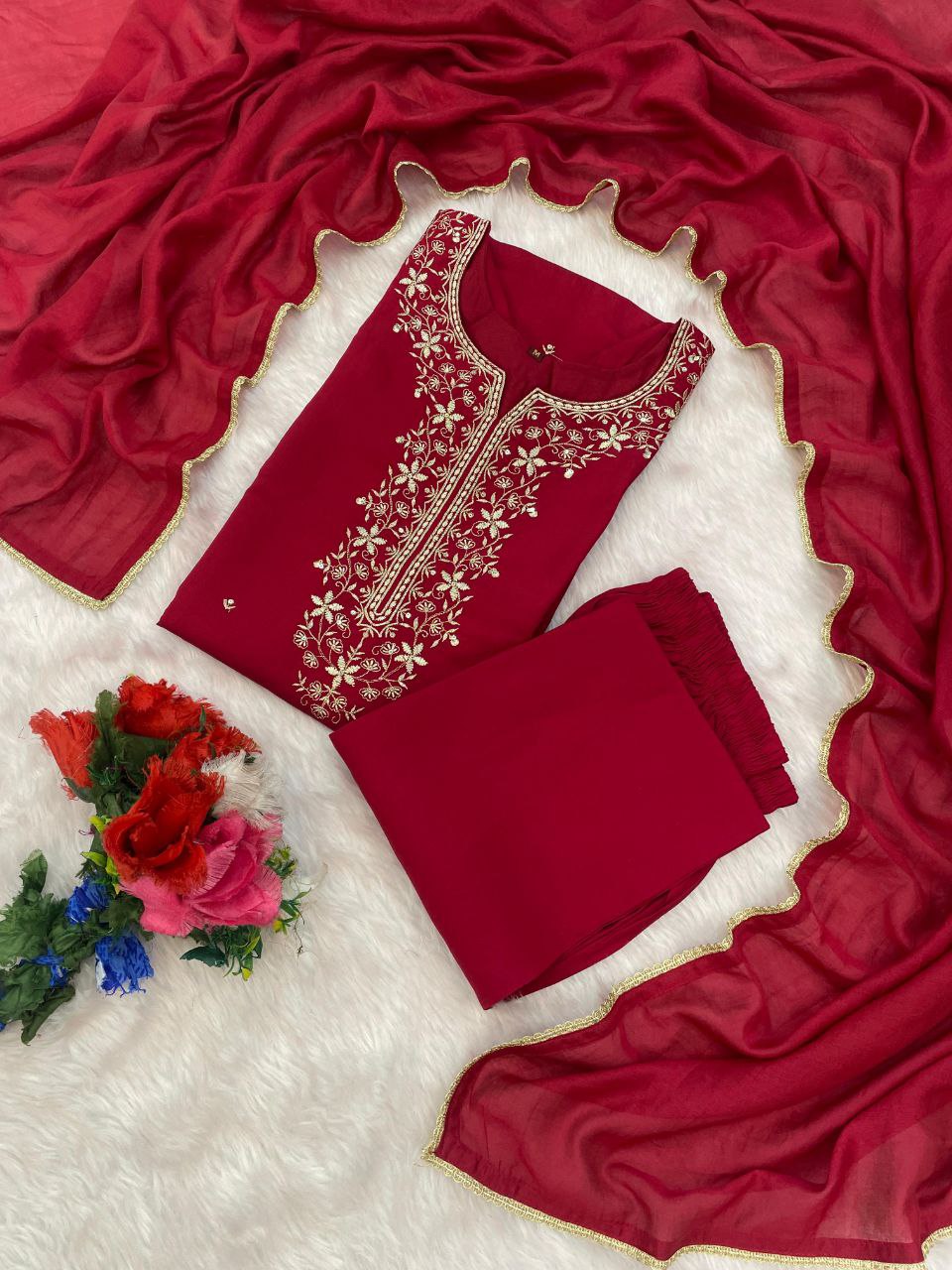 wine pink embroidered salwar suit set (3-piece set)