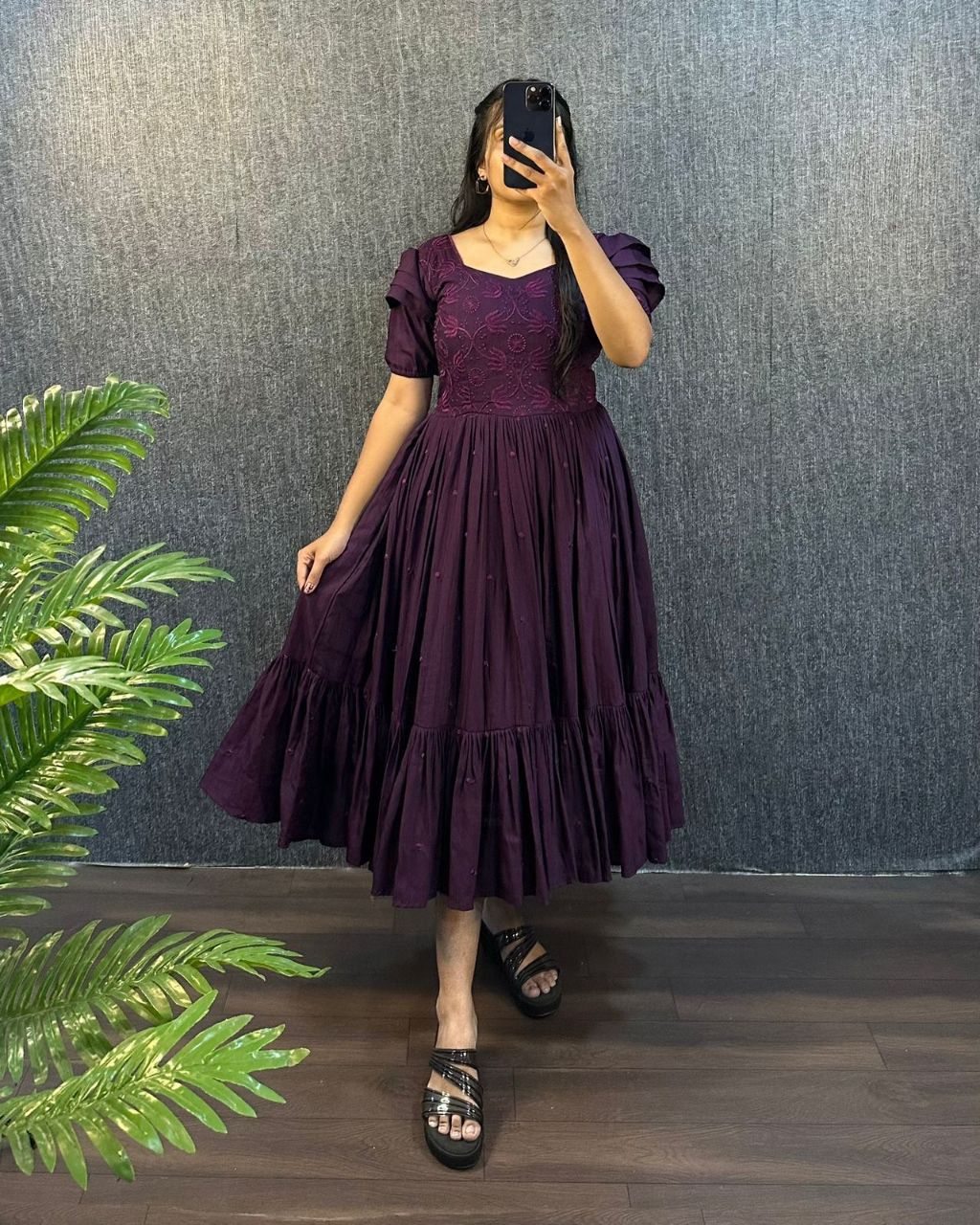 Purpal Embroidered Pleated Sleeve Flared Midi Dress
