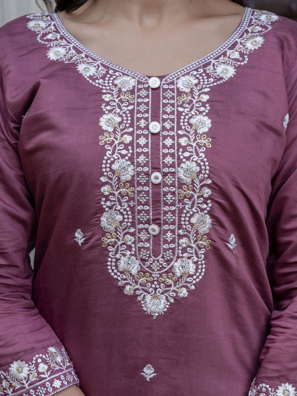 Mauve Embroidered Kurta Set with Floral Dupatta