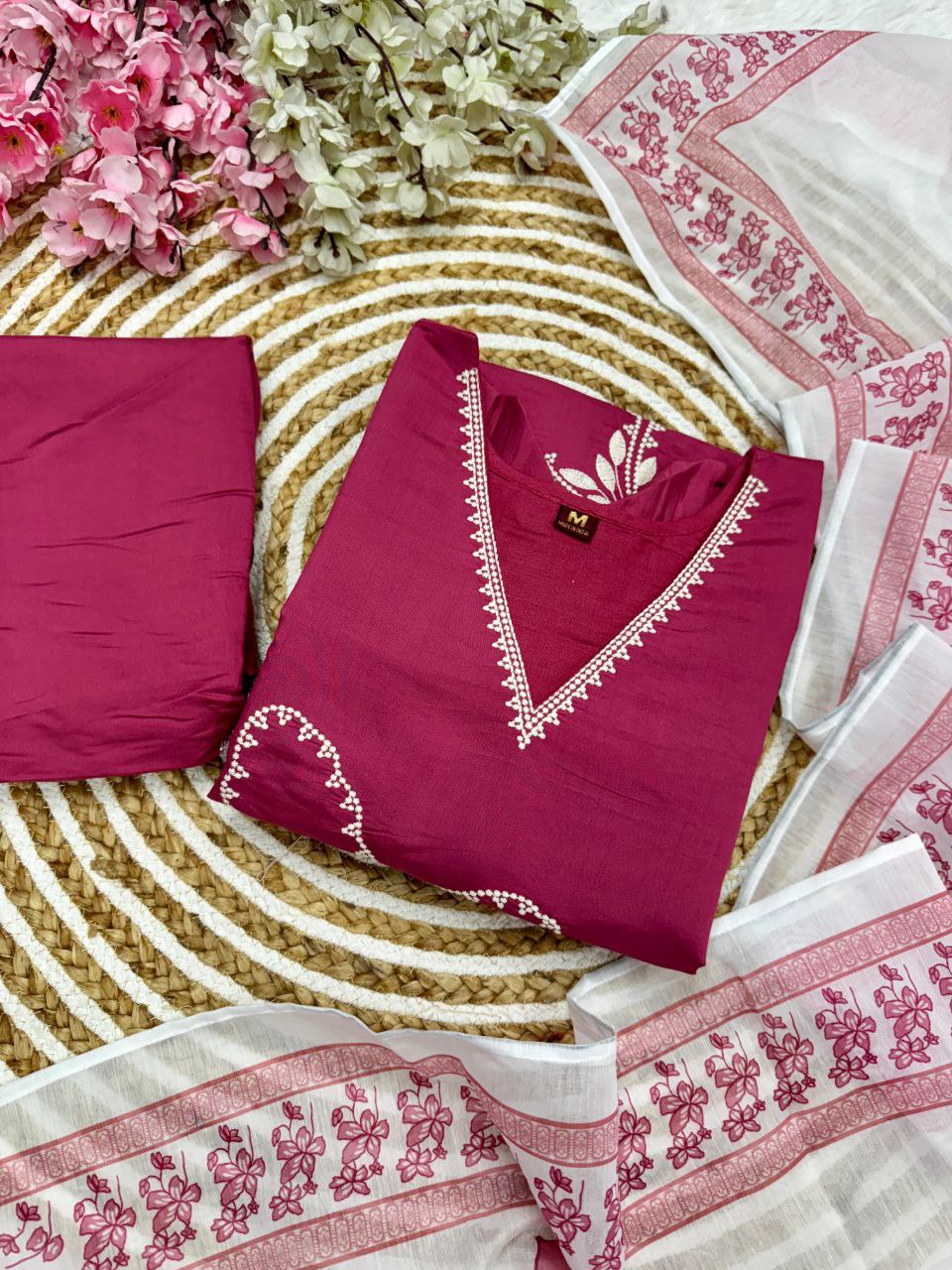 Magenta Cotton Embroidered Kurta with Printed Dupatta & Pants Set