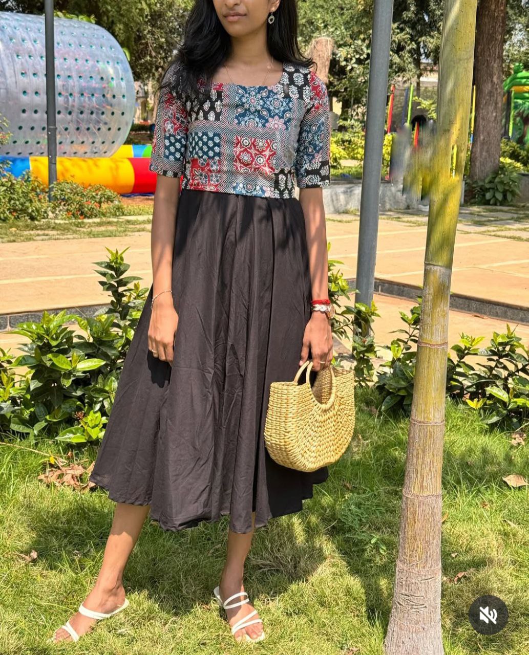 Boho Chic Printed Patchwork Midi Dress with Flared Skirt