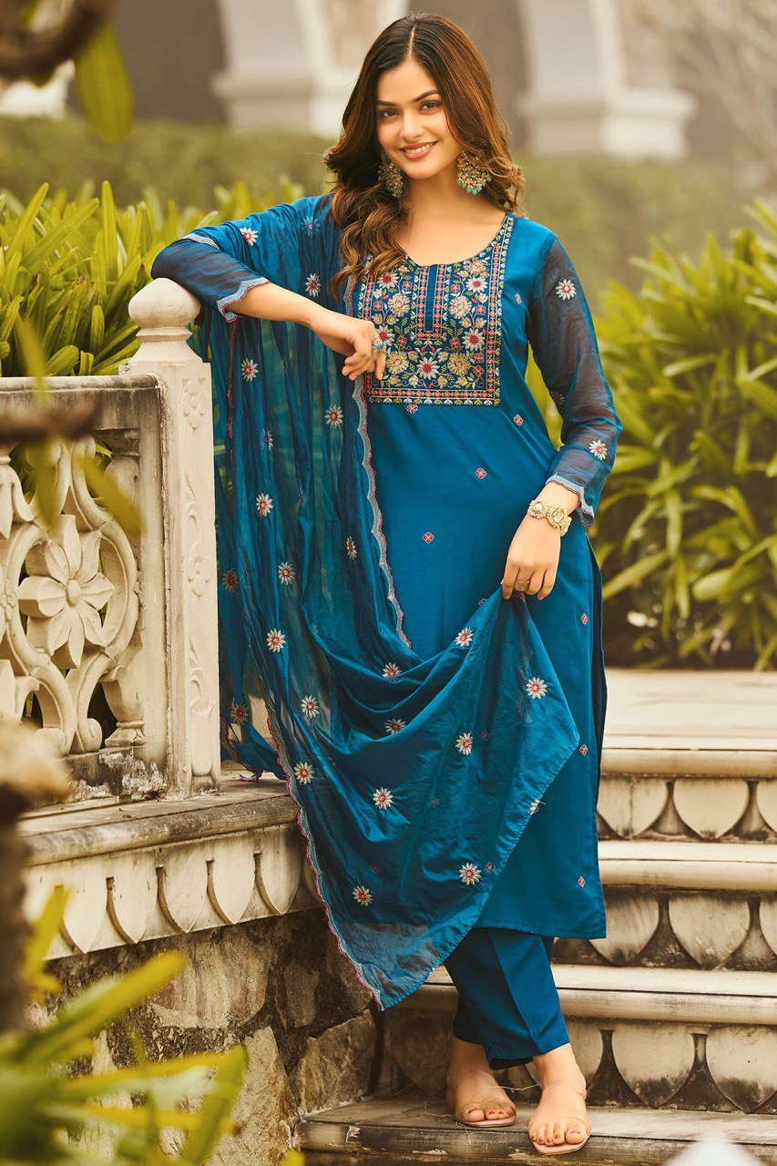 Teal Blue Embroidered Straight Kurta Set with Dupatta