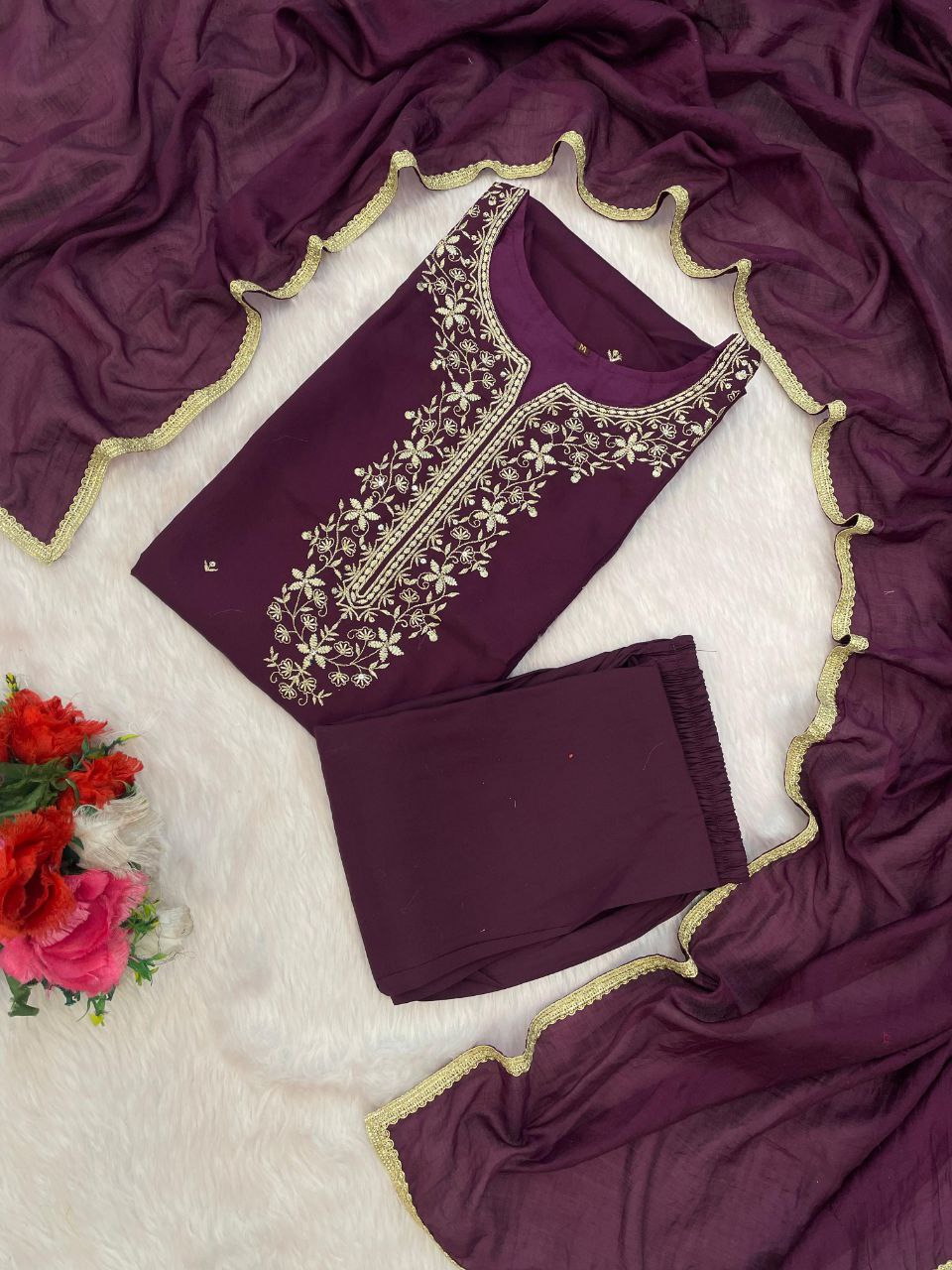 Purple Embroidered Kurta Set with Dupatta