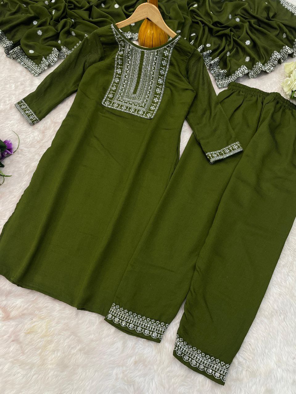 dark green embroidered salwar suit set (3-piece set)