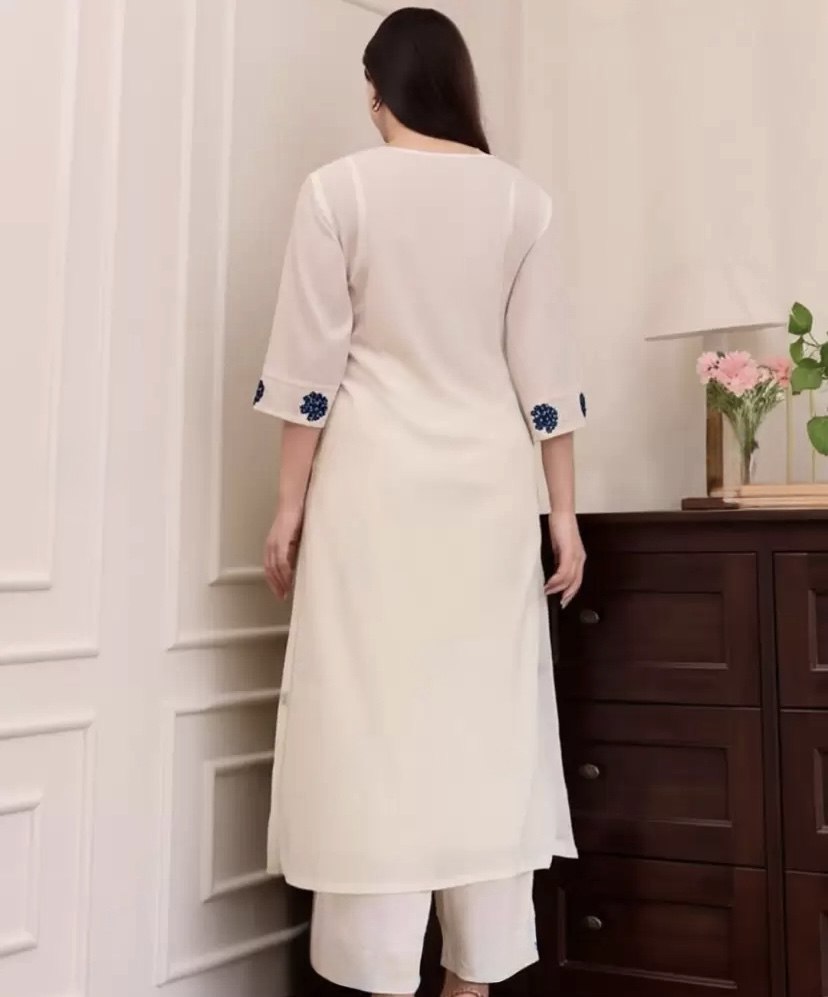 Cream Kurta with Blue Floral Embroidery & Dupatta