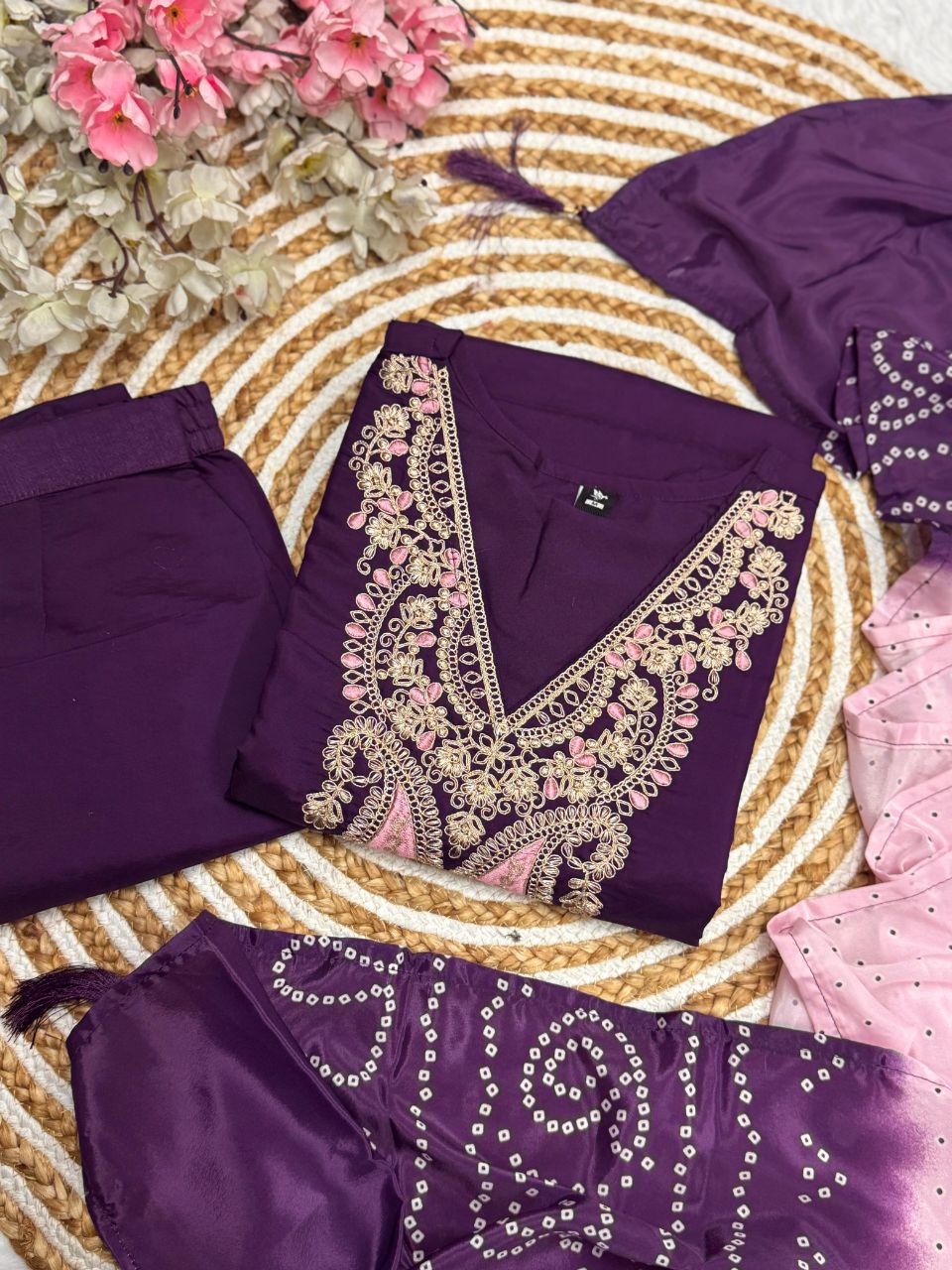 Royal Purple Embroidered Suit Set with Ombre Dupatta