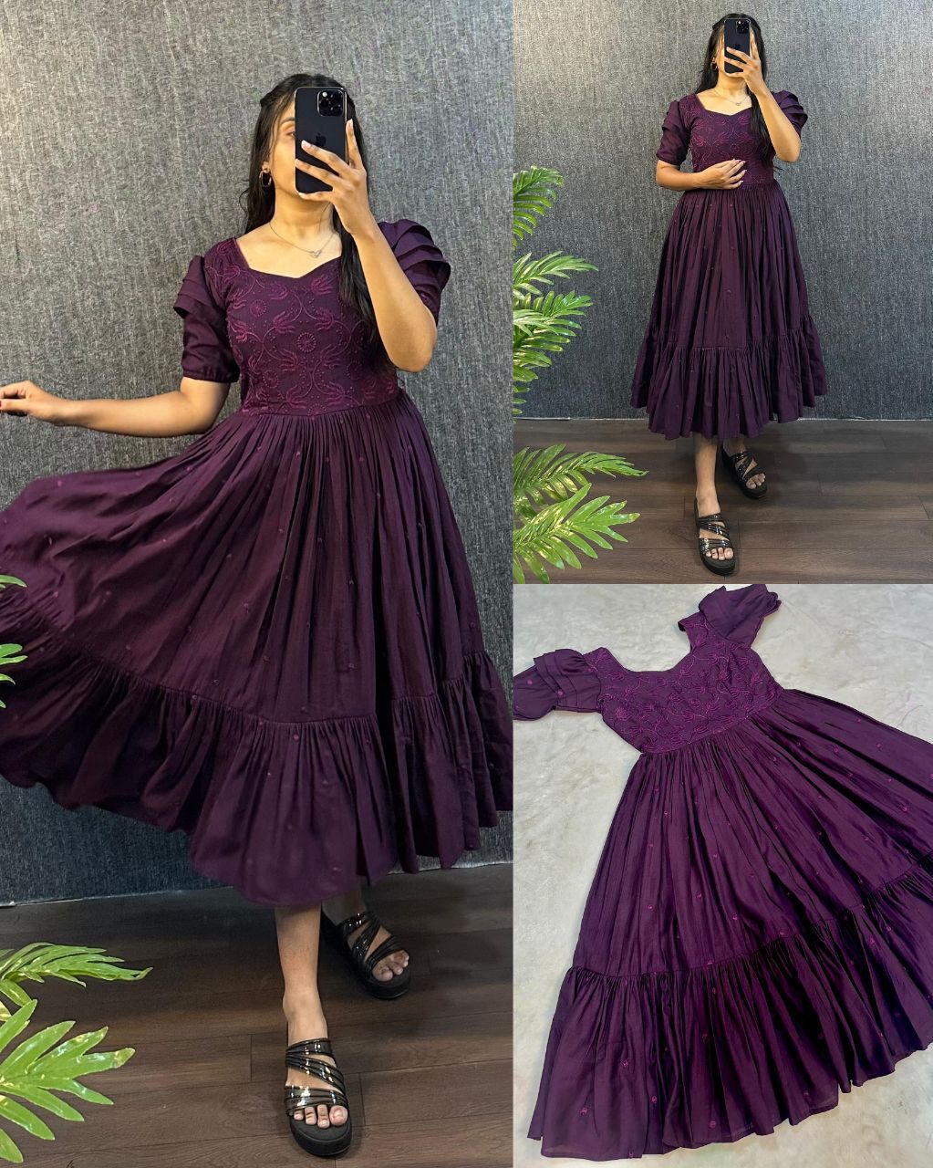 Purpal Embroidered Pleated Sleeve Flared Midi Dress