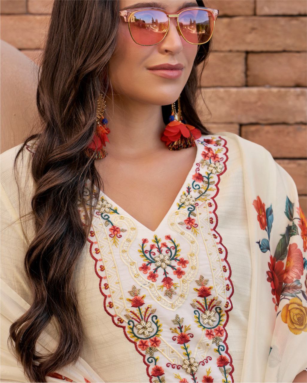 Elegant Cream Embroidered Straight Kurta with Floral Dupatta & Pants Set