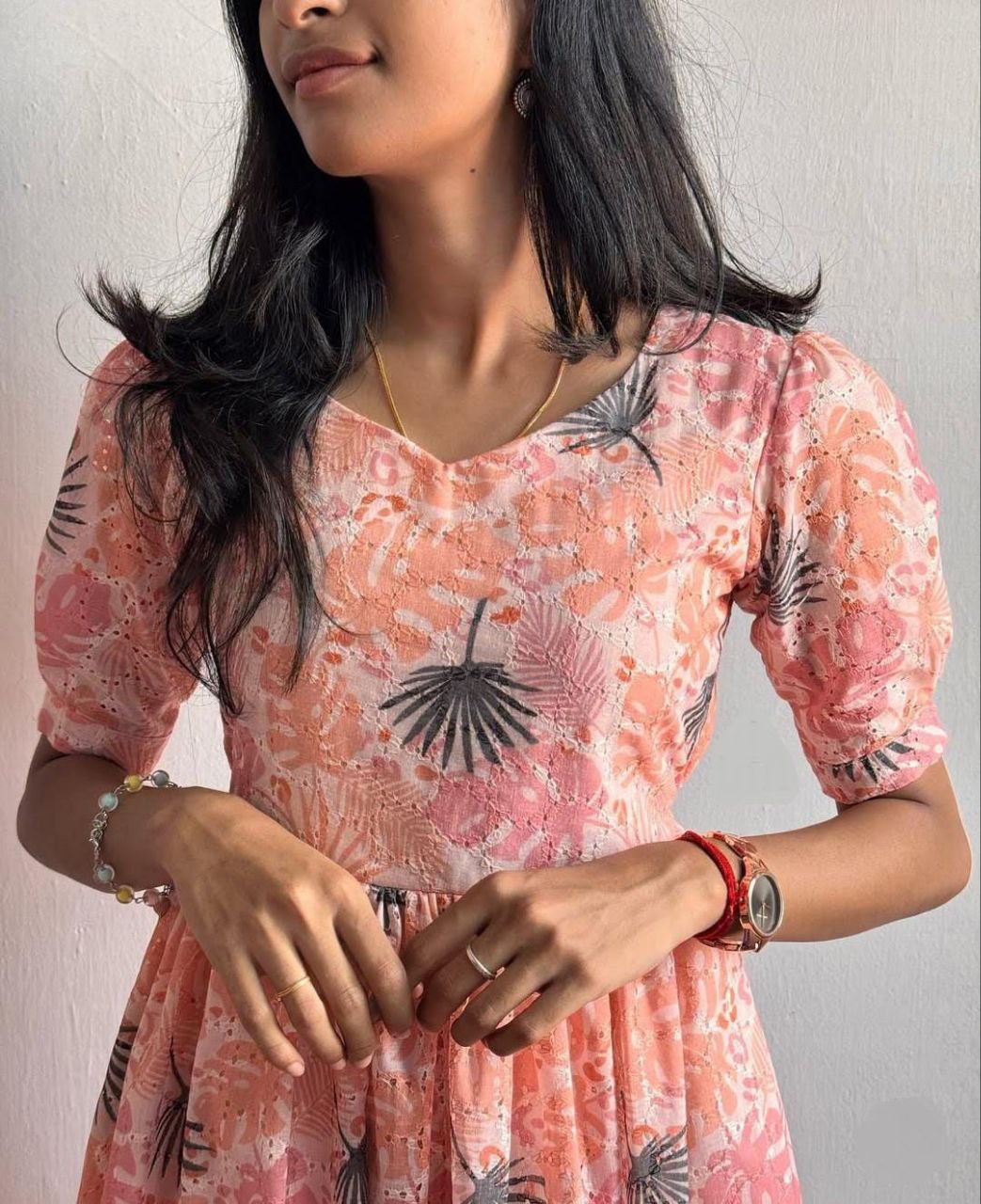 Peach Floral Printed Tiered Midi Dress