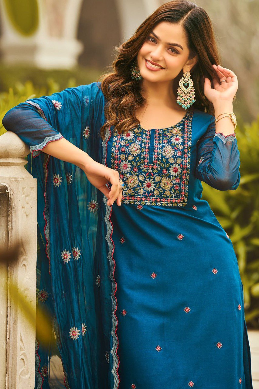 Teal Blue Embroidered Straight Kurta Set with Dupatta