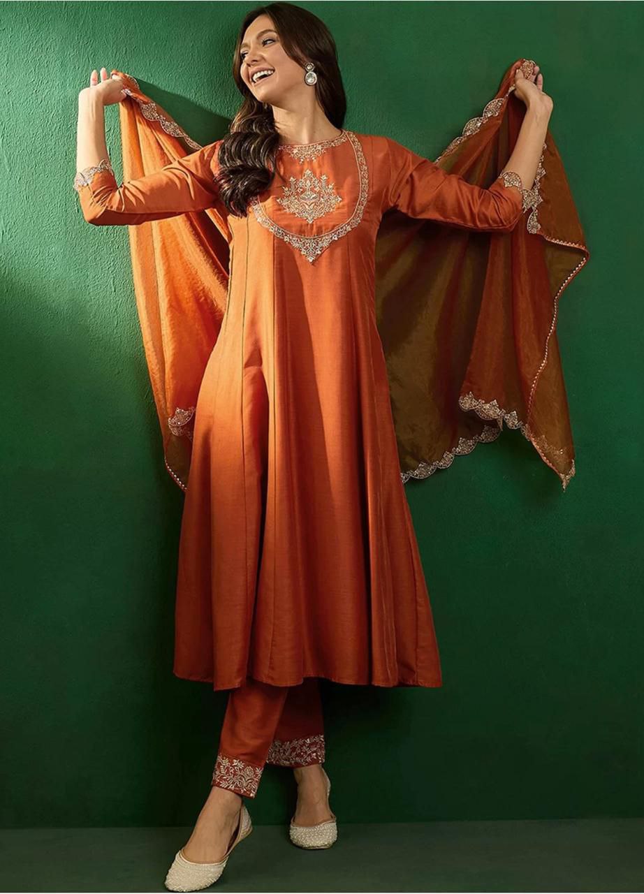 Rust Orange Embroidered Kurta Set with Pants and Dupatta