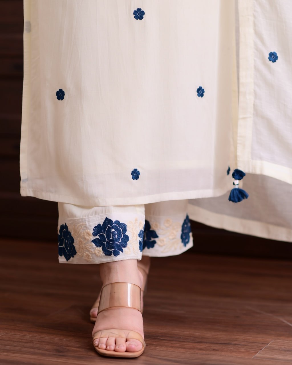 Cream Kurta with Blue Floral Embroidery & Dupatta