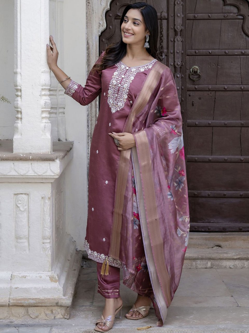 Mauve Embroidered Kurta Set with Floral Dupatta