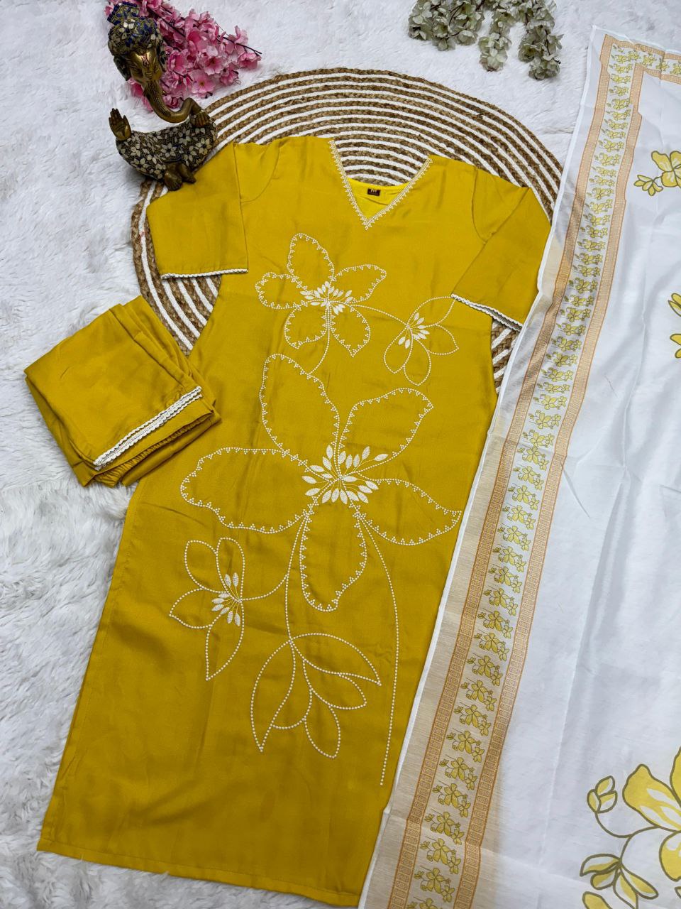 Mustard Yellow Cotton Kurti Set with White Dupatta